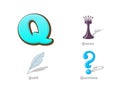 ABC letter Q funny kid icons set: queen, quill, question. Alp Royalty Free Stock Photo