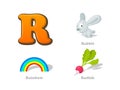 ABC letter R funny kid icons set: rabbit, rainbow, radish. Alp