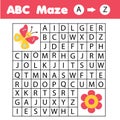 ABC Maze game: animals theme. Help butterfly find flower. Activity for children and kids, learning English Alphabet Royalty Free Stock Photo