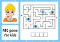 ABC maze for kids. Answer chin. Rectangle labyrinth. Activity worksheet. Puzzle for children. Cartoon style. Logical conundrum.