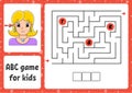 ABC maze for kids. Answer ear. Rectangle labyrinth. Activity worksheet. Puzzle for children. Cartoon style. Logical conundrum.