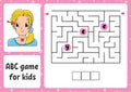 ABC maze for kids. Answer eye. Rectangle labyrinth. Activity worksheet. Puzzle for children. Cartoon style. Logical conundrum.