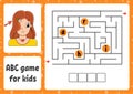 ABC maze for kids. Answer hair. Rectangle labyrinth. Activity worksheet. Puzzle for children. Cartoon style. Logical conundrum.