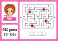 ABC maze for kids. Answer neck . Rectangle labyrinth. Activity worksheet. Puzzle for children. Cartoon style. Logical conundrum.