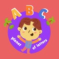 ABC planet of letters. Logo with cute boy. Poster for kids. Character in cartoon style. Color vector illustration. Royalty Free Stock Photo