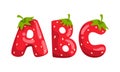ABC Ripe Fresh Strawberry Alphabet Letters, Tasty Bright Jelly Red Berry Font Cartoon Vector Illustration