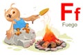 ABC spanish alphabet letter f fuego. Owl making popcorn corn on fire