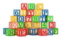 ABC and 123 Wooden Blocks- Alphabet Letters and Numbers Learning Block Set. 3D rendering Royalty Free Stock Photo