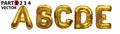 ABCDE gold foil letter balloons on white background. Golden alphabet balloon logotype, icon. Metallic Gold ABCE Balloons. Text for