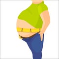 Abdomen fat, overweight man with a big belly and measure tape around waist against. Vector illustration Royalty Free Stock Photo