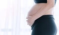 Abdomen pregnant young woman standing beside windows in the bedroom. Body pregnancy mother use hands holding her belly Royalty Free Stock Photo