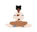 Abdominal breathing. African woman practicing belly breathing for relaxation. Breath awareness yoga exercise. Meditation