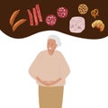 Abdominal pain due to poor nutrition. Suffering from pain. Senior Woman holds hand on belly zone. Sausages, fat food