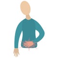 Abdominal pain. A symptom of various pathologies. Vector icon. Man holds his stomach. Isolated white background. Flat style.