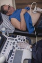 An abdominal ultrasound procedure on a male patient. Checking for bowel, kidney, liver or intestinal disease, and other organs in Royalty Free Stock Photo