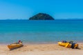 ABEL TASMAN, NEW ZEALAND, FEBRUARY 6, 2020: Yellow kayaks at Onetahuti beach at Abel Tasman national park in New Zealand