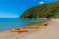 ABEL TASMAN, NEW ZEALAND, FEBRUARY 6, 2020: Yellow kayaks at Onetahuti beach at Abel Tasman national park in New Zealand