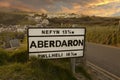 Aberdaron road sign in evening sunlight. Aberdaron is on the coast of the Llyn Peninsula in Gwynedd