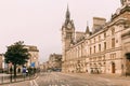 Aberdeen, Scotland - 31 July, 2019: Union Street with daily car traffic in Downtown Aberdeen City Centre with Aberdeen