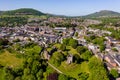 ABERGAVENNY, WALES - MAY 14 2022: Aerial view of the Welsh market town of Abergavenny, Monmouthshire surrounded by green fields Royalty Free Stock Photo
