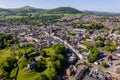 ABERGAVENNY, WALES - MAY 14 2022: Aerial view of the Welsh market town of Abergavenny, Monmouthshire surrounded by green fields Royalty Free Stock Photo