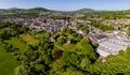 ABERGAVENNY, WALES - MAY 14 2022: Aerial view of the Welsh market town of Abergavenny, Monmouthshire surrounded by green fields Royalty Free Stock Photo