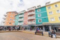 Aberystwyth, Wales / UK - July 20th 2019 - Colourful houses and shops by the sea front in the seaside town of Aberystwyth