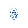 Abilities,woman with globe in hands line icon concept. Abilities,woman with globe in hands flat vector symbol, sign