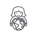 Abilities,woman with globe in hands vector line icon, sign, illustration on background, editable strokes