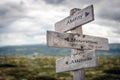 Ability, motivation and attitude text on wooden sign post outdoors in landscape scenery. Royalty Free Stock Photo