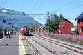 Abisko Ãâstra small train station with arriving train, Sweden