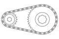 Sprocket and chains. Mechanical transmission. Thin line vector