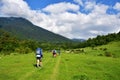 Abkhazia, August, 02, 2019. Tourists going on a route in the mountains of Abkhazia in the summer