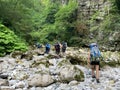 Abkhazia, August, 02, 2019. Tourists are in the canyon Khashupsy in summer in Abkhazia