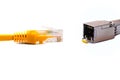 ÃÂ¡able head into head rj45 of an ethernet wire cable or yellow patch-cord with twisted pair and SFP module,network,RJ45,plug.