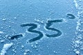 Abnormal cold snap and winter cold. The inscription on ice or frozen glass is negative temperature Royalty Free Stock Photo