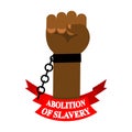 Abolition of slavery. Arm slave with broken shackles. Broken chain.
