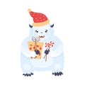 Abominable or Yeti as New Year Character in Warm Hat Holding Gift Box and Candy Vector Illustration