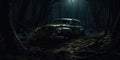 Abondoned car in the dark mystic forest