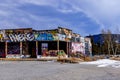 Abondoned gas station covered in grafitti, Stoney Nakota, Stoney Reserve, Alberta, Canada