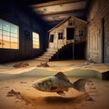 Abondoned old house interior in the desert with large surreal fish swimming in imaginary water, AI generative