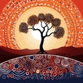 Aboriginal art vector painting with tree and sun illustration with dot background Royalty Free Stock Photo