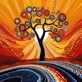 Aboriginal art  painting with tree and sun illustration with dot background Royalty Free Stock Photo