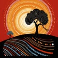 Aboriginal art vector painting with tree and sun illustration with dot background Royalty Free Stock Photo