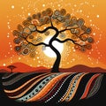 Aboriginal art  painting with tree and sun illustration with dot background Royalty Free Stock Photo