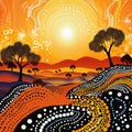 Aboriginal art  painting with tree and sun illustration with dot background Royalty Free Stock Photo