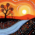 Aboriginal art vector painting with tree and sun illustration with dot background Royalty Free Stock Photo