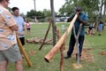 Aboriginal didgeridoo craftsman making Didgeridoo