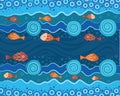 Aboriginal dot art painting with fish. Underwater concep Royalty Free Stock Photo
