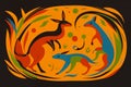 Aboriginal-Inspired Vector Art Painting of Kangaroo and Lizard Royalty Free Stock Photo